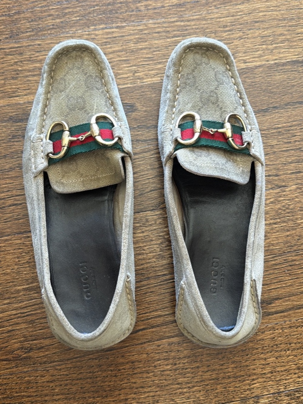 Gucci Beige Suede Horsebit Loafers with Red & Green Web ~ Size 6.5